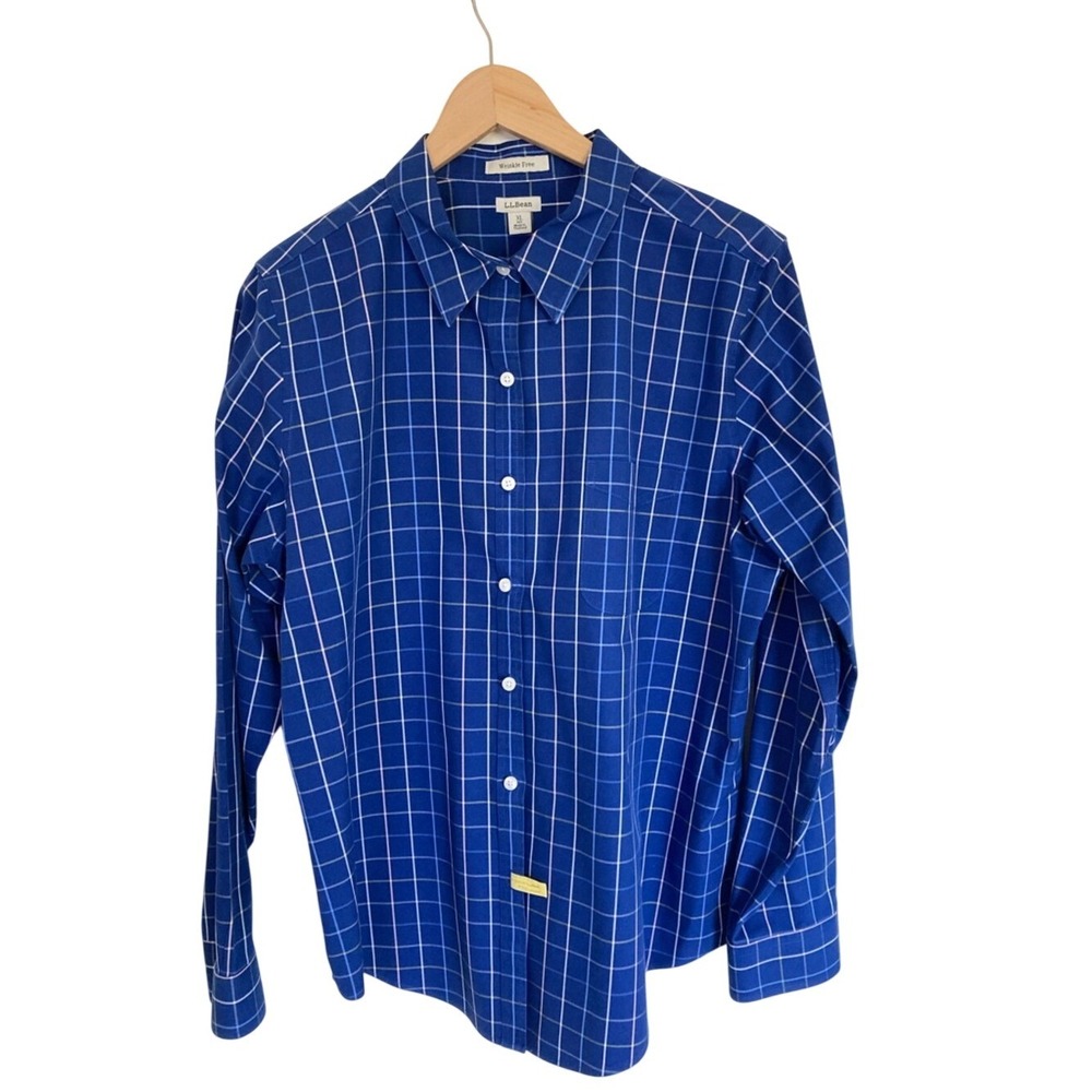 L.L. Bean Womens Royal Blue Windowpane Button Up Shirt Size XL Cotton Classic